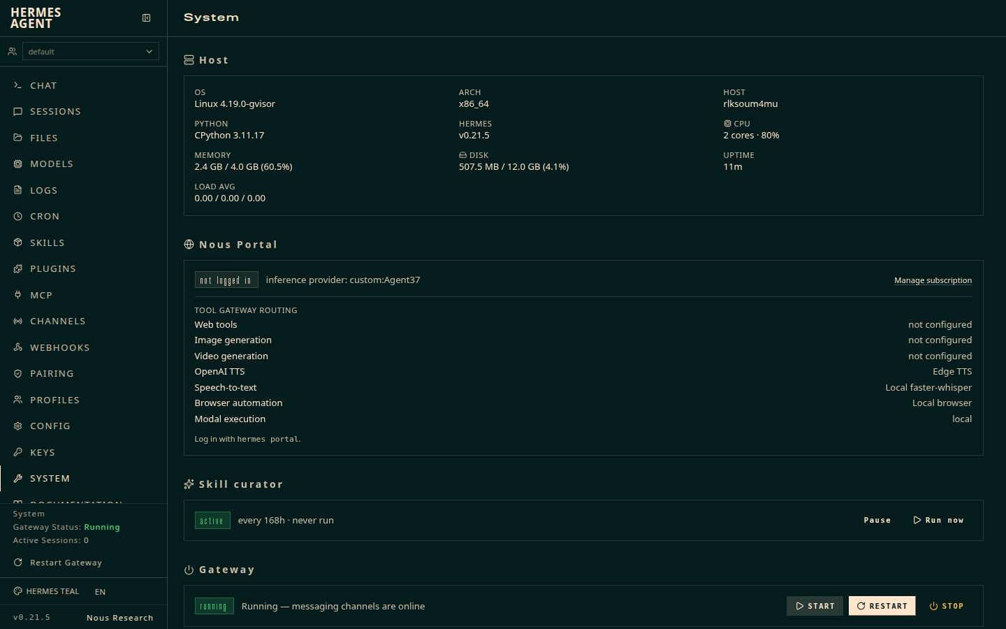 The MiniStaff agent's system page: CPU, memory, disk and gateway status on its own computer